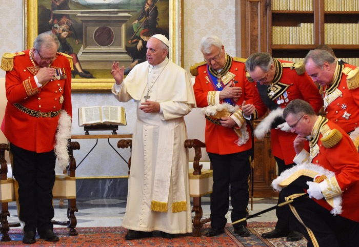 File photo : Pope Francis received the Grand Master of the Sovereign Order of Malta, Fra‚¬Ä¬ô Matthew Festing (left), accompanied by members of the Order‚¬Ä¬ôs Government in the Pontiff‚¬Ä¬ôs private study in the Vatican on June 23, 2016. Knights of Malta elected the new lieutenant of the Grand Master at the Order‚¬Ä¬ôs Villa Magistrale on Rome‚¬Ä¬ôs Aventine Hill on April 29, 2017, Italy. They elected a temporary leader during a period of reform after the last grand master was effectively ousted by Pope Francis. The new temporary leader is Fra' Giacomo Dalla Torre with the title of lieutenant of the grand master. Fra‚¬Ä¬ô Giacomo Dalla Torre del Tempio di Sanguinetto, born on 1944, succeeds Fra‚¬Ä¬ô Matthew Festing, 79th Grand Master, who resigned in January 2017. Fifty-six knights eligible to cast ballots had to choose a leader from a pool that, according to the order's rules, must have taken religious vows of poverty, obedience and chastity and hail from noble lineage. The dismissals of the order‚¬Ä¬ôs grand master Fra‚¬Ä¬ô Matthew Festing (in January 2017) and grand chancellor Albrecht Freiherr von Boeselager (in december 2016), over the order‚¬Ä¬ôs involvement in the distribution of artificial contraceptives, has precipitated a serious rift with the Holy See. The Sovereign Military Order of Malta is a lay religious order headquartered in Rome dating back to the First Crusade. It has long defended the faith against persecution and been dedicated to helping care for the poor, the sick and the vulnerable, employing about 25,000 medical personnel and 80,000 volunteers worldwide. It is considered a sovereign subject under international law†and has diplomatic relations with 106 countries. Photo by Eric Vandeville/ABACAPRESS.COM